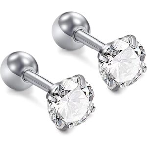 Cubic Zirconia 7mm Gem Stainlss Steel Barbell Earring - 2 pcs