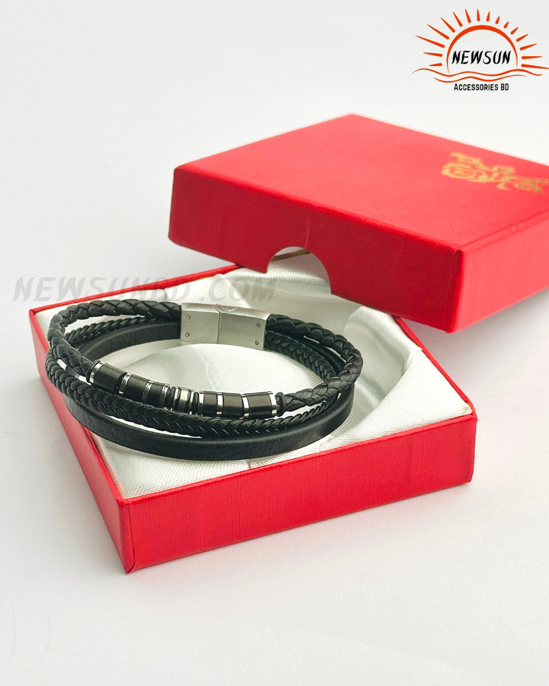 Code - B 520.png_108 Stainless Steel Black Leather Layered 21cm Bracelet - Image 1