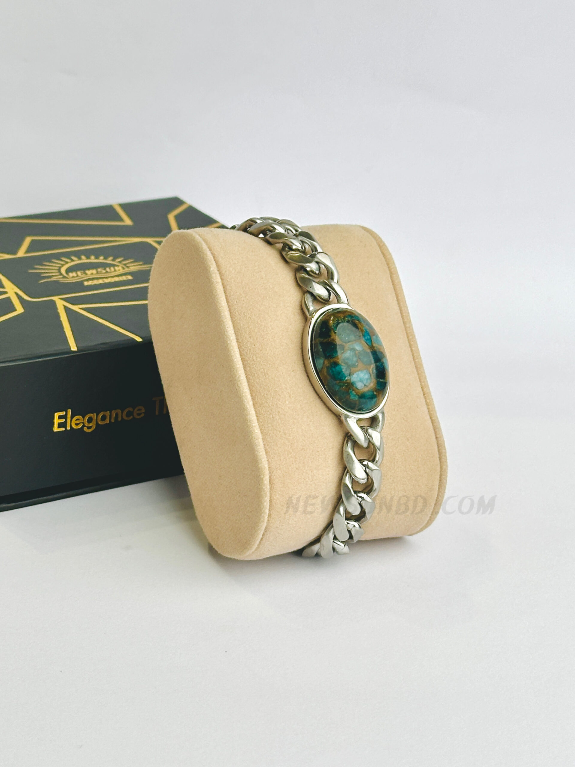 457788B3-8AFD-45E0-AA2B-16346295B77B 10mm Wide Natural Shajri Feroza Stainless Steel Bracelet - Image 1