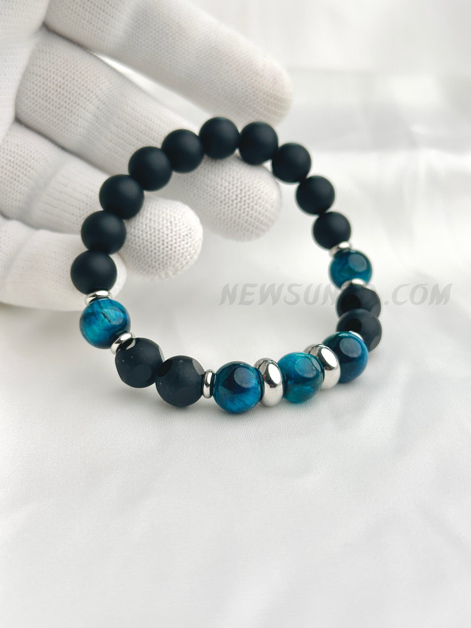 1D19D2EE-37EF-42EF-AED6-60F8267E8DF0 Matte Onyx & Aqua Tiger Eye10mm Stone Bracelet with Stainless Steel - Image 1