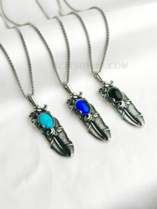100% SS Turquoise Feather Pendant Necklace Chain
