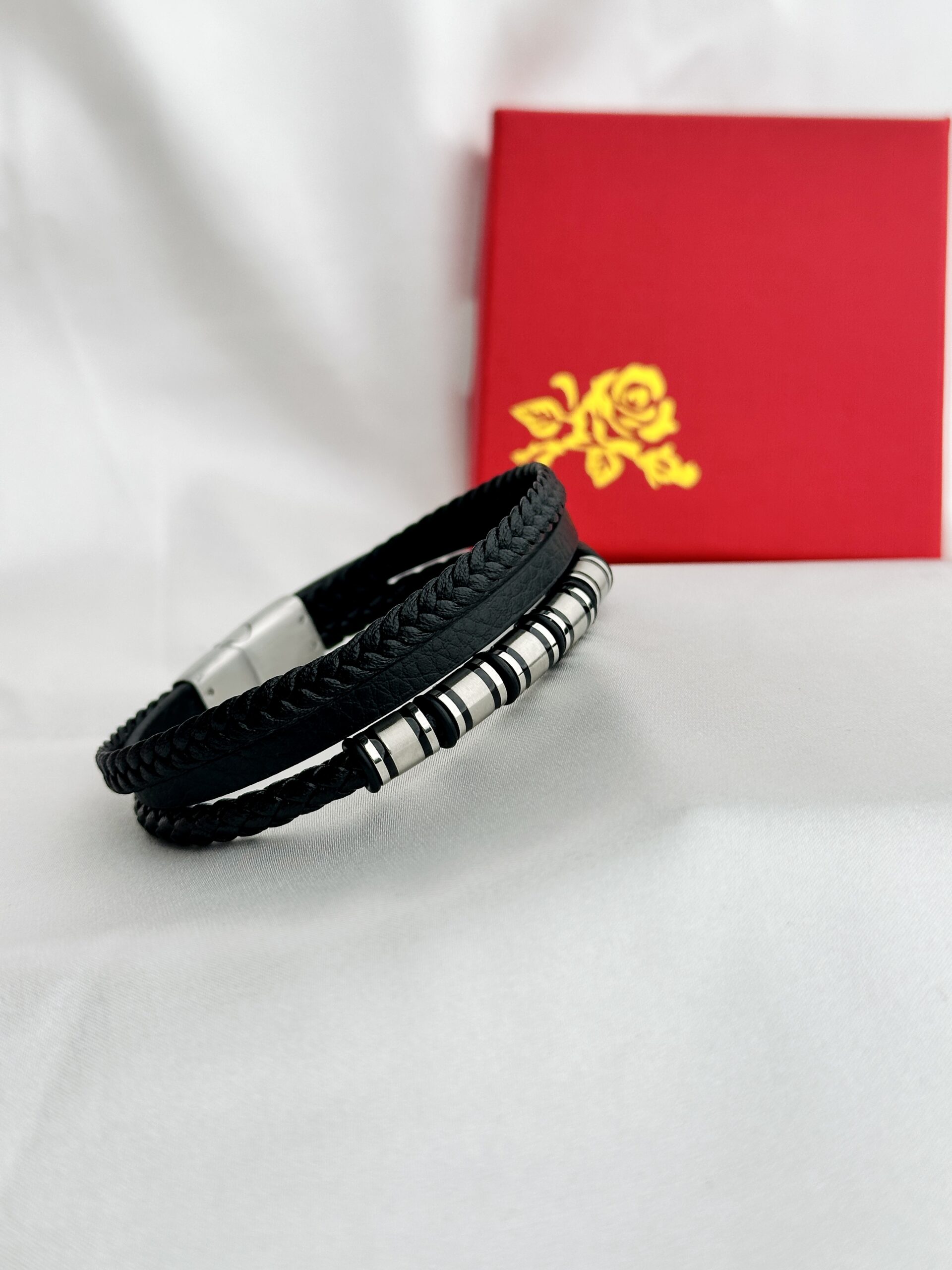 IMG_4162 Stainless Steel Black Leather Layered 21cm Bracelet - Image 1