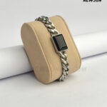 Natural Black Onyx Gemstone Stone Stainless Steel Bracelet