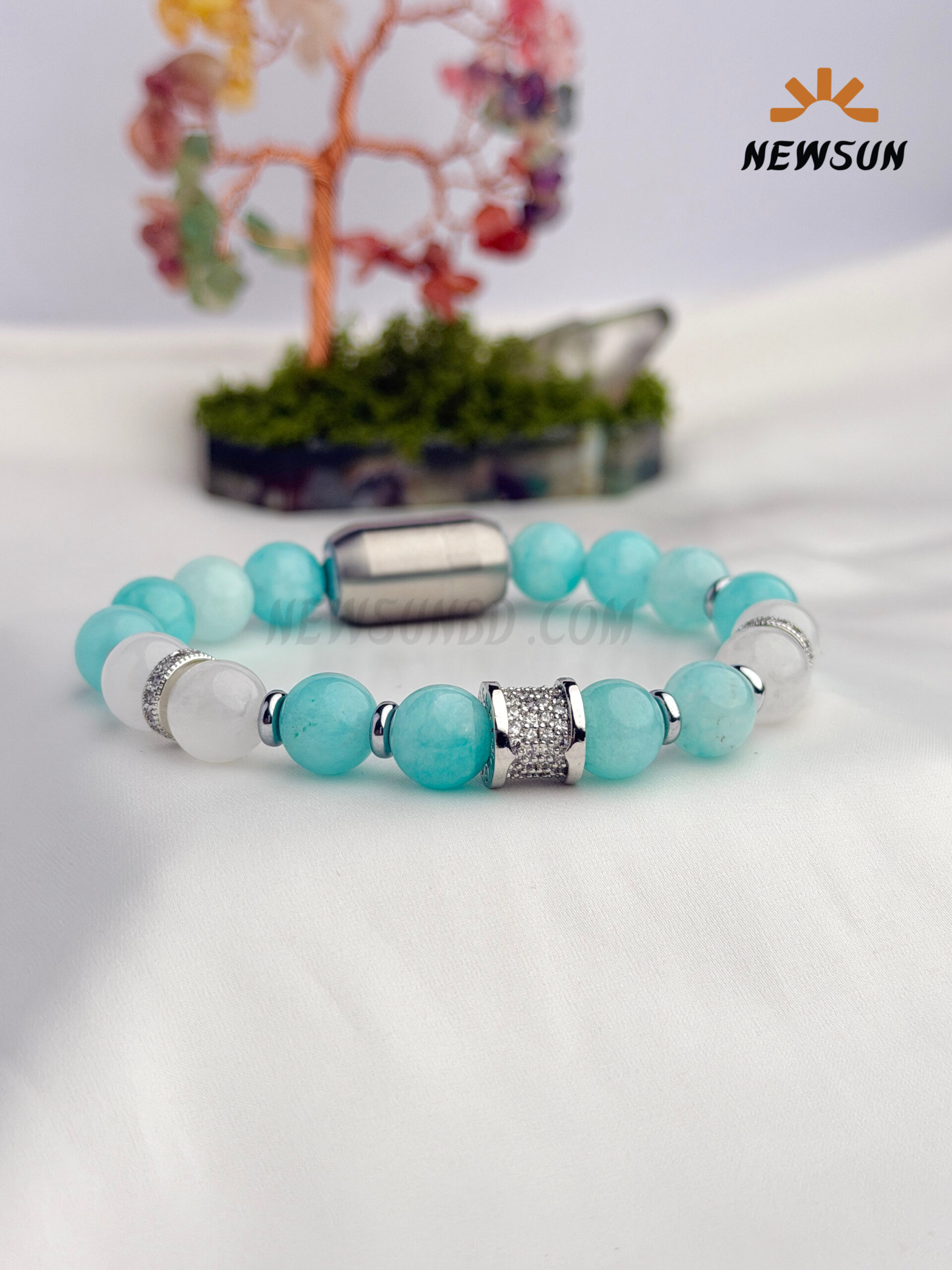 231CD90A-F0E4-4D5F-8F76-8DA667F7B116 10MM AA AMAZONITE, WHITE MOONSTONE STONE BRACELET - Image 1