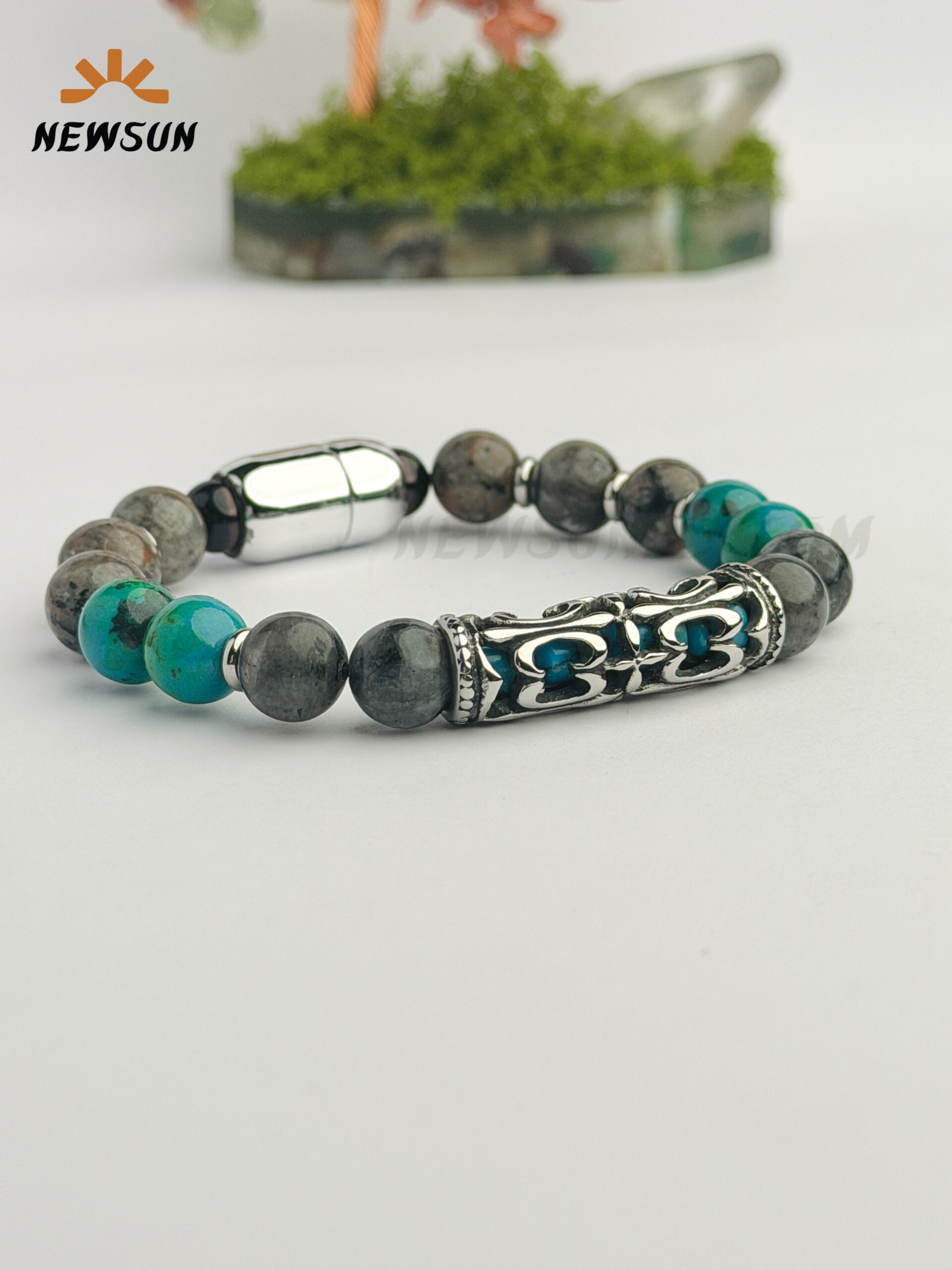 B33E6204-9A06-4D66-B653-A3C15ACC8F59 Blue African Turquoise and Hematite Beaded Energy Support Bracelet - Image 1