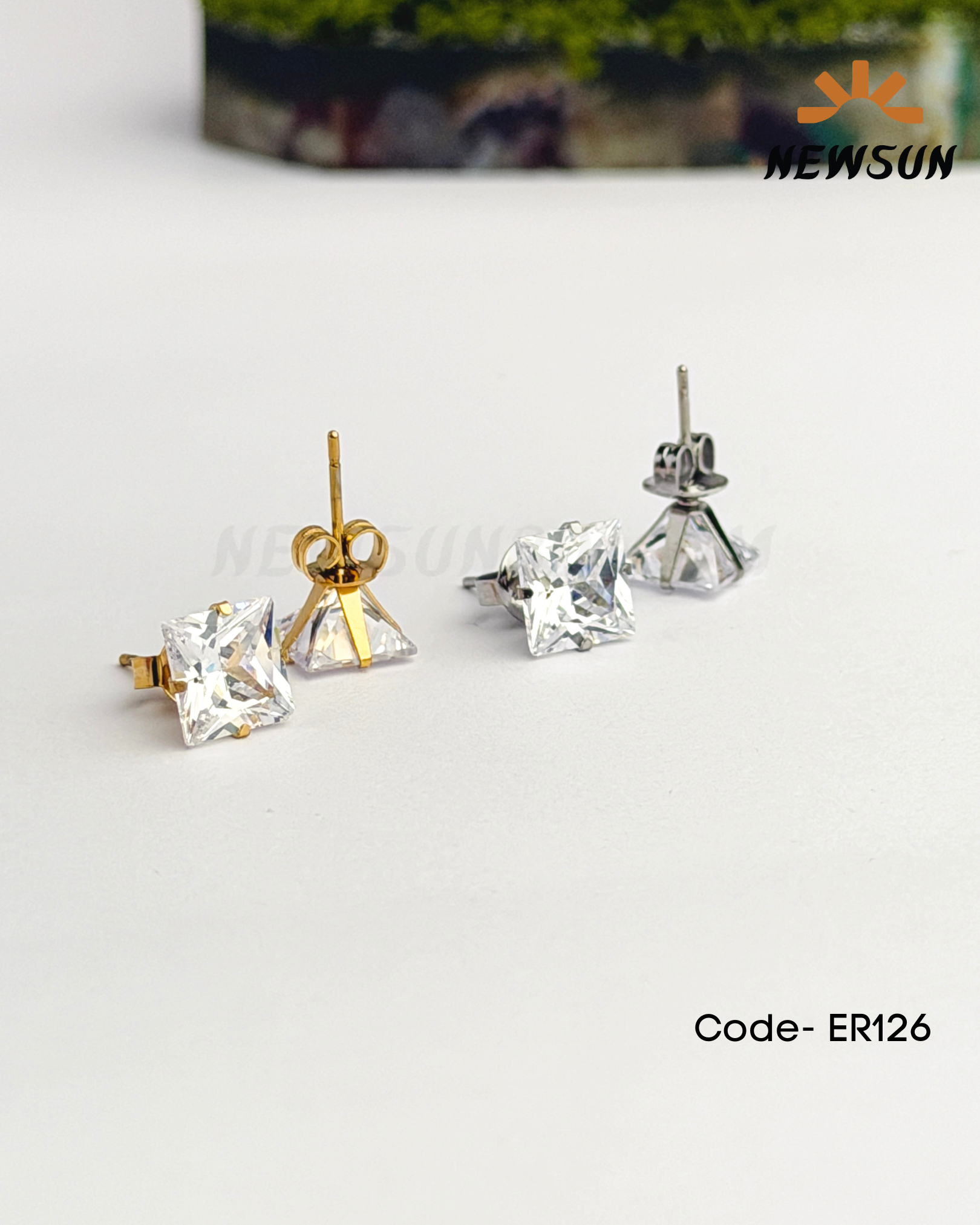 Code - B 520-120 10MM Silver-Golden Surgical Steel Cubic Zirconia Square Cartilage Stud Earrings - Image 1