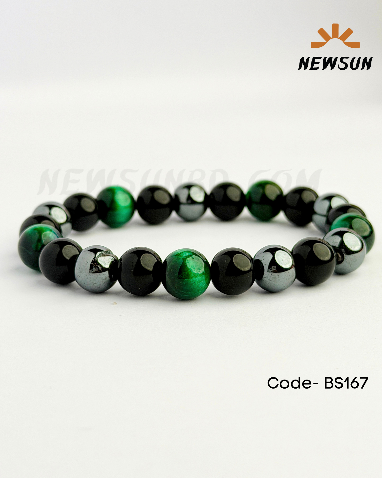 Code - B 520-200 Green Tiger Eye, Onyx & Hematite Triple Protection Bracelet - Image 1