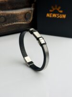 Imperium Matte Titanium & Geometric Textured Leather Bracelet - Image 2