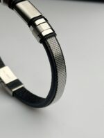 Imperium Matte Titanium & Geometric Textured Leather Bracelet - Image 4