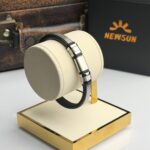 Imperium Matte Titanium & Geometric Textured Leather Bracelet