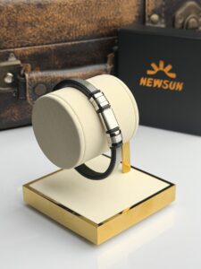 Imperium Matte Titanium & Geometric Textured Leather Bracelet