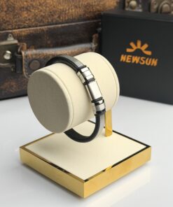 Imperium Matte Titanium & Geometric Textured Leather Bracelet
