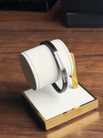 Meander minimalist Leather & Titanium Bangle - Image 2